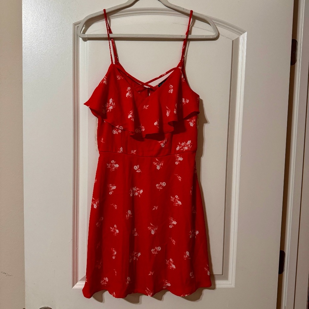 Three Pink hearts Red sundress with white floral imprint NEW with tags LARGE